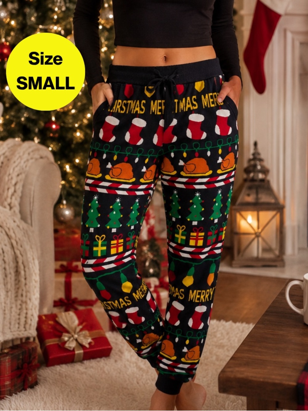 3/for $15 🍒 HOLIDAY Stretchy Fleece Christmas Jogger Sweats (Women’s Small)